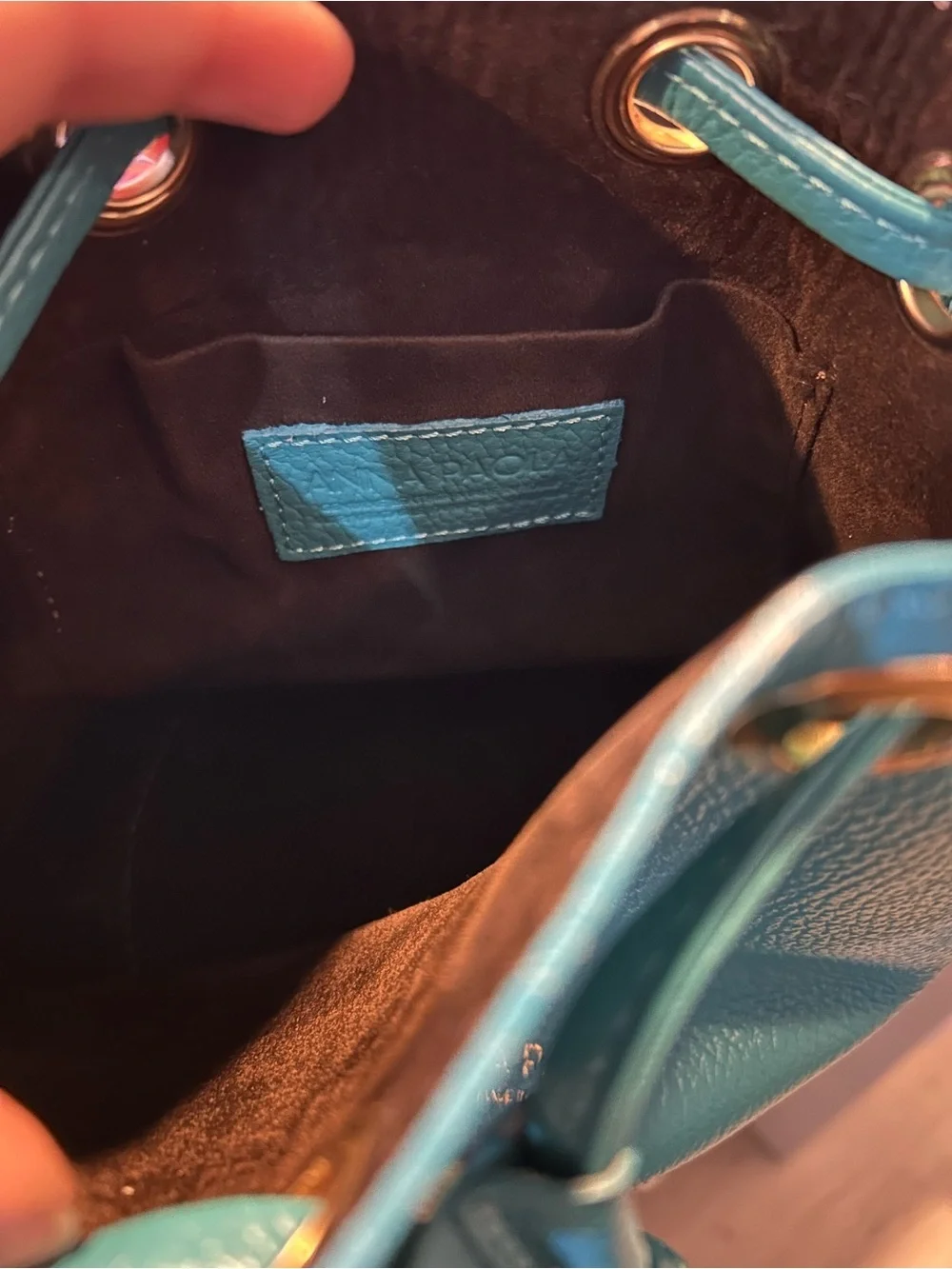 Anna Paola Teal Pebbled Leather Drawstring Bucket Bag